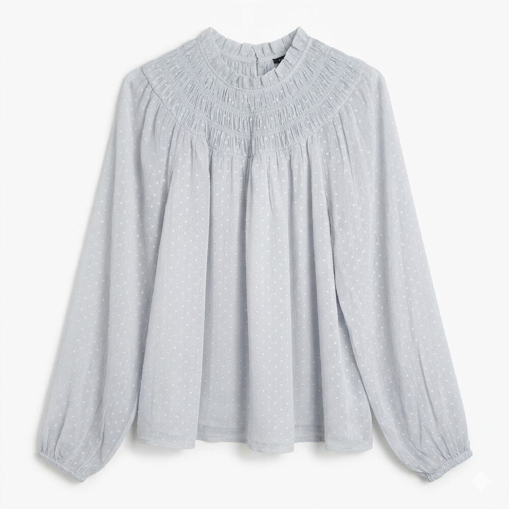 Ann Taylor Light Grey Smock Swiss Dot Top Blouse Size Medium